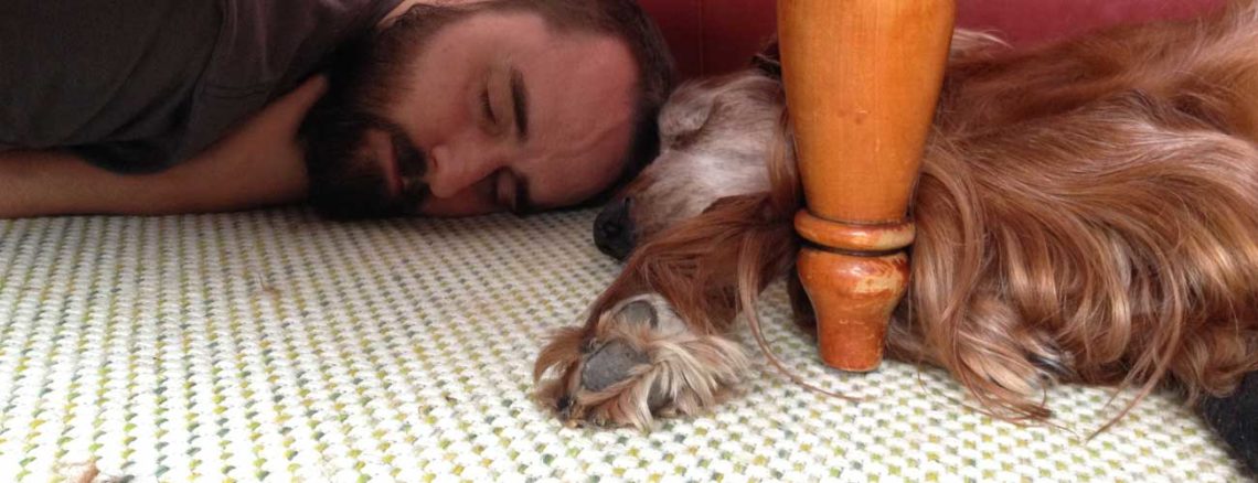 Image contains a photo of a male laying down on a carpeted floor with his head touching the head of a red Irish setter that is laying down on the floor as well. The Irish setter's paw can be seen coming into the foreground to the left of a wooden table leg. Behind the pair, there is a red leather couch.