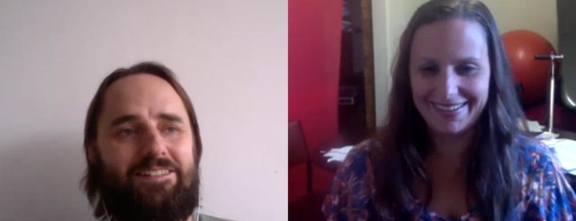 Image contains a photo of a video chat between a man and a woman. On the left, the man is smiling and looking at the woman. On the right, the woman is smiling as well.