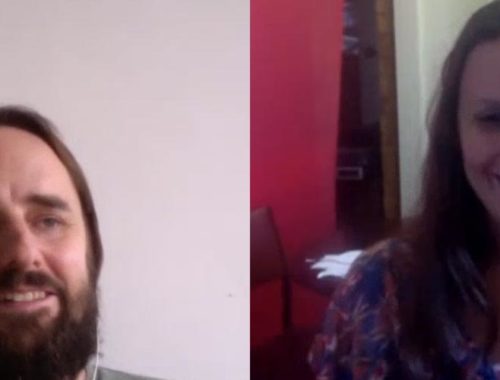 Image contains a photo of a video chat between a man and a woman. On the left, the man is smiling and looking at the woman. On the right, the woman is smiling as well.