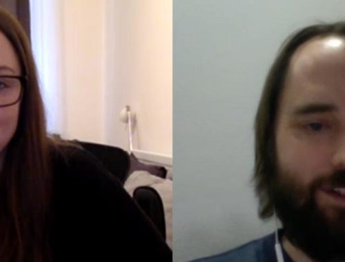 Image contains a photo of a video chat between a man and a woman. On the right, the man is smiling and looking to the right. On the left, the woman is smiling as well.