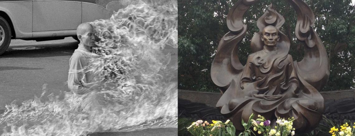 Image contains two equal panels with a photo in each. On the right-hand side, there is a photo of a monument to the Venerable Thich Quảng Đức. The monument consists of a stone carving of a monk with flames surrounding him. In the background, there is a mural depicting the persecution of buddhists by the past Vietnamese government. On the left-hand side, there is a photo of the self-immolation of Thich Quảng Đức, which was taken in 1963 by Malcolm Browne. The black and white photo shows a monk sitting on a city street engulfed in flames. People and a vehicle are seen in the background.