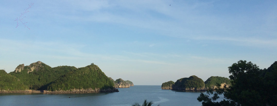 Image contains a photo of a harbour with a number of small hilly islands covered in jungle in the background. Above the islands, there is a blue sky with thin wisps of clouds.